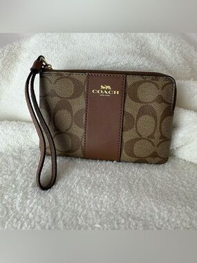 Coach Brown Signature Wristlet with Leather Stripe